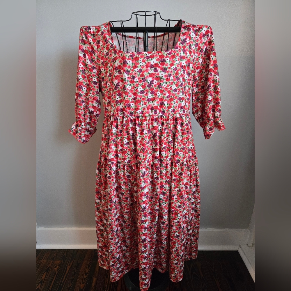 Floral Red Midi Easter Spring Dress 2XL - Picture 2 of 8